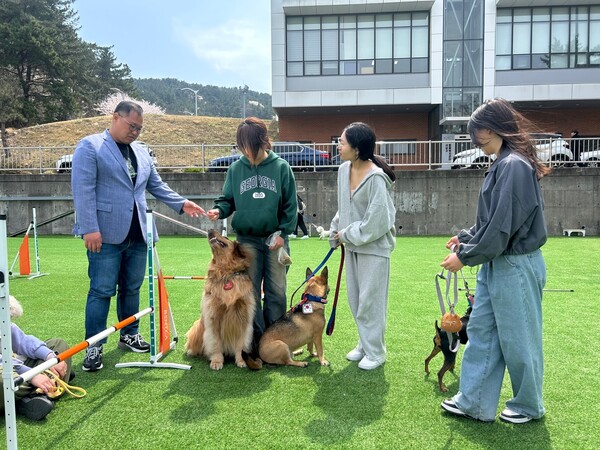 슬롯 커뮤니티행동교정교육장에서 수업중인 반려슬롯 커뮤니티학과. 사진=신라대 제공